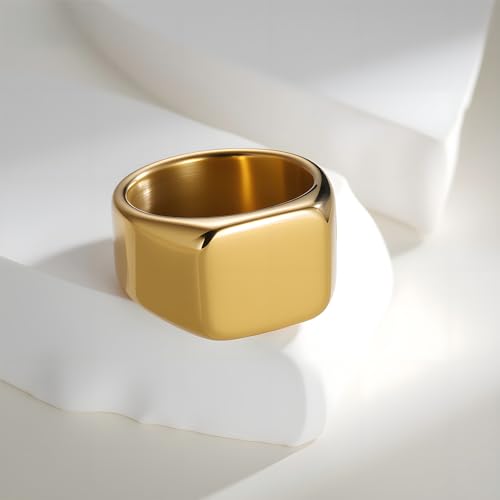 Mens Stainless Steel Plain Signet Rings 4/7/10/14MM Rectangular Pinky Rings | High Polish Classic Blank Thumb Rings, Everyday Comfit Wear, Gift for Men - color: Gold14