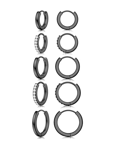 Jstyle Small Gold Hoop Earrings for Women, CZ/Plain Hoops Earring Stacks | Hypoallergenic Earing Hoops for Sensitive Ears, Secure Clasps, Huggie Earrings Stack Set for Cartilage, 14K Gold/Silver/Black - color: Black Tone