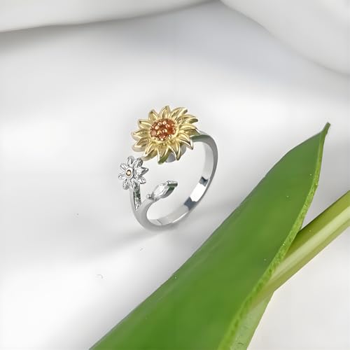 Hebelee Rotatable CZ Sunflower Spinner Ring for Women Fashion Crystal Rotating Flower Stackable Statement Open Wrap Finger Rings Comfort Fit Adjustable Fidget Anxiety Relieving Stress Jewelry - color: Sunflower