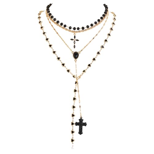 Bocar Layered Black Bead Cross Pendant Y-Necklace for Women Gold Accent Retro Choker Jewelry Ideal Gift(NK-10822) - color: Black