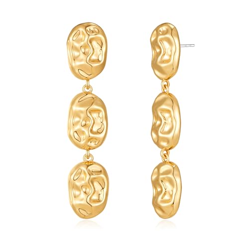 Gold Dangle Earrings for Women,Chunky 14K Gold Plated Drop Dangle Stud Earrings Long Statement Hammered Earring Hypoallergenic Jewelry for Women Gifts - style: Round Hammered-GD