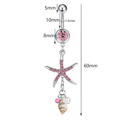 Starfish Dangle Belly Button Rings for Women Rhinestone Ocean Star with Pearl Conch Charm Navel Piercing Stainless Steel Curved Navel Barbell Ring Beach Jewelry - color: Blue