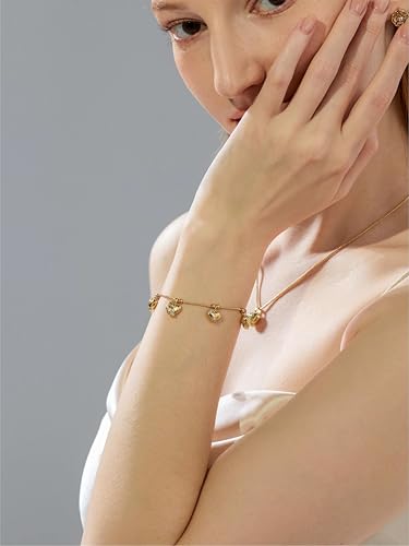 14K Gold Heart Charm Bracelet for Women, Dainty Cute Gold Plated Link Chain Bracelets, Women's Trendy Jewelry Gift