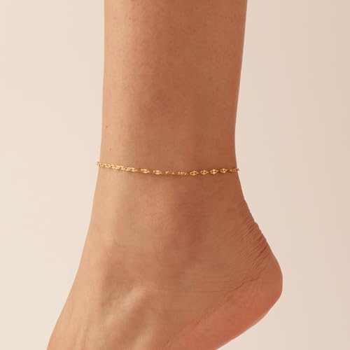 Anklets for Women, 18K Gold Plated Dainty Ankle Bracelets with Tennis, Pearl, Daisy, Lip, Snake Chain, Layered CZ Anklet Waterproof, Adjustable Boho Summer Beach Foot Jewelry - style: Lip Chain