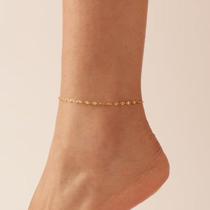 Anklets for Women, 18K Gold Plated Dainty Ankle Bracelets with Tennis, Pearl, Daisy, Lip, Snake Chain, Layered CZ Anklet Waterproof, Adjustable Boho Summer Beach Foot Jewelry - style: Lip Chain