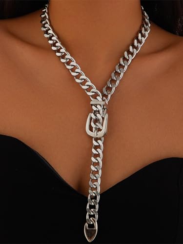 Cuban Link Chain Necklace Punk Belt Buckle Shaped Chunky Choker Necklace Statement Thick Chain Necklace Jewelry Gifts for Women Men - color: Style1-silver-long