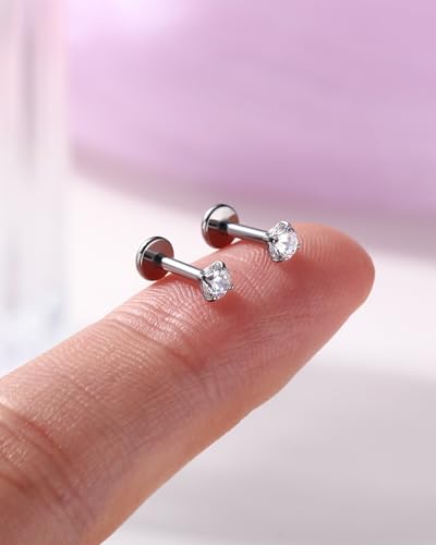 2PCS 20G/18G/16G Titanium Flat Back Nose Studs Internally Thread Cartilage Earring Studs Clear CZ Helix Tragus Earrings for Women Medusa Labret Stud Conch Piercing Jewelry Hypoallergenic - size: 1.2*6mm