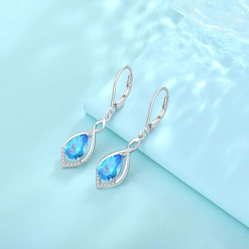 Infinity Teardrop Earrings 925 Sterling Silver Dangle Drop Leverback Earrings Birthstone Jewelry for Women - color: Sea Blue