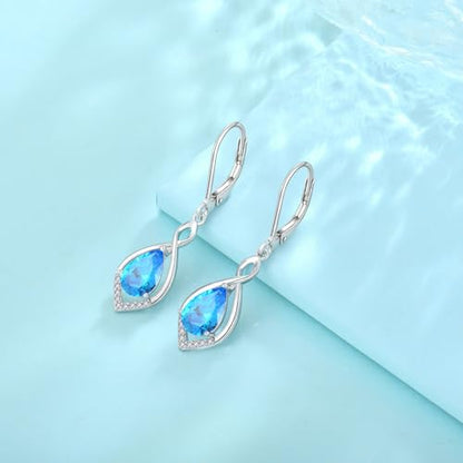 Infinity Teardrop Earrings 925 Sterling Silver Dangle Drop Leverback Earrings Birthstone Jewelry for Women - color: Sea Blue