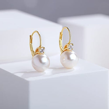 Pearl Earrings for Women Pearl Leverback Earrings 925 Sterling Silver - color: A4-zirconia-yellow