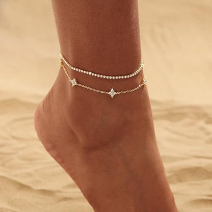 CAROVO Gold Ankle Bracelets for Women Waterproof,14K Gold Plated Bead Leaf Heart Dot Satellite Chain Layered Anklets Non Tarnish Summer Beach Jewelry Gift for Women - style: E: CZ