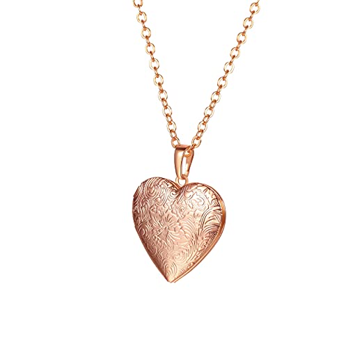U7 Custom Photo Locket Necklace - Oval & Heart Shaped Locket - Gold/Silver/Rose Gold Personalized Image Necklaces for Women - color: 02-Rose Gold Flower Heart, style: a. locket only