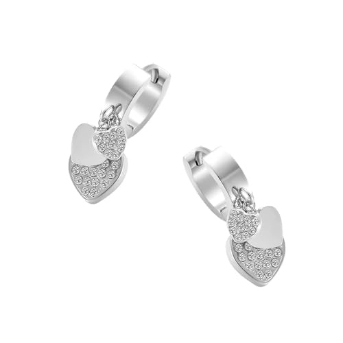 Women's Huggie Hoop Earrings with Small Cute Charm - style: Silver Two Hearts CZ