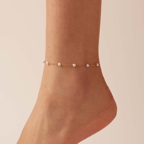 Anklets for Women, 18K Gold Plated Dainty Ankle Bracelets with Tennis, Pearl, Daisy, Lip, Snake Chain, Layered CZ Anklet Waterproof, Adjustable Boho Summer Beach Foot Jewelry - style: Pearl Anklet