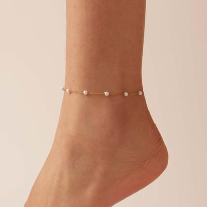 Anklets for Women, 18K Gold Plated Dainty Ankle Bracelets with Tennis, Pearl, Daisy, Lip, Snake Chain, Layered CZ Anklet Waterproof, Adjustable Boho Summer Beach Foot Jewelry - style: Pearl Anklet