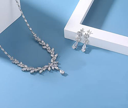 Jewelry Set for Women, Cubic Zirconia Necklace Dangle Earrings & Bracelet Jewelry Set for Bride Bridesmaid Wedding Engagement Prom Party - style: Silver-Necklace+Earrings