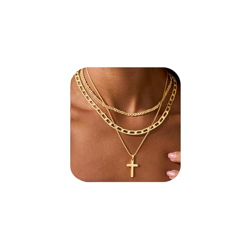 M MOOHAM Layered Gold Necklaces Stack for Women No Tarnish | 14K Gold Plated, Stackable Pendant Necklace Set, Snake Rope Cuban Paperclip Chain, CZ Coin Pendant, Dainty Jewelry Gifts - color: 3 Layered Mirror Cuban Cross Pendant-Gold
