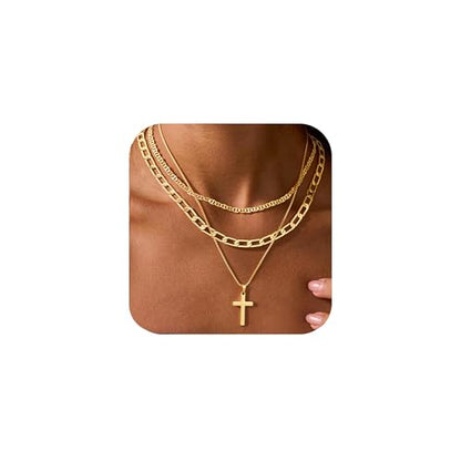 M MOOHAM Layered Gold Necklaces Stack for Women No Tarnish | 14K Gold Plated, Stackable Pendant Necklace Set, Snake Rope Cuban Paperclip Chain, CZ Coin Pendant, Dainty Jewelry Gifts - color: 3 Layered Mirror Cuban Cross Pendant-Gold