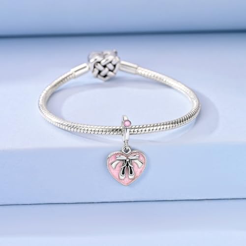 S925 Sterling Silver Cute Bead Charm for Pandora Bracelets and Necklaces | Lucky Clover Cute Animal Pink Bow Cherry Butterfly Pendant Bead Charms Jewelry Making Gifts for Women Valentines Mother's Day - style: Ballet Shoes Heart Dangle Charm