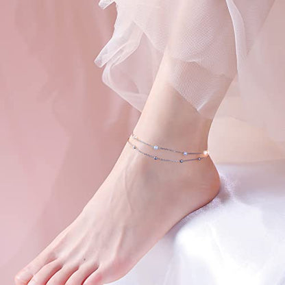 Anklet for Women 925 Sterling Silver Foot Adjustable Ankle Bracelet Jewelry - style: Layered Pearl Bead