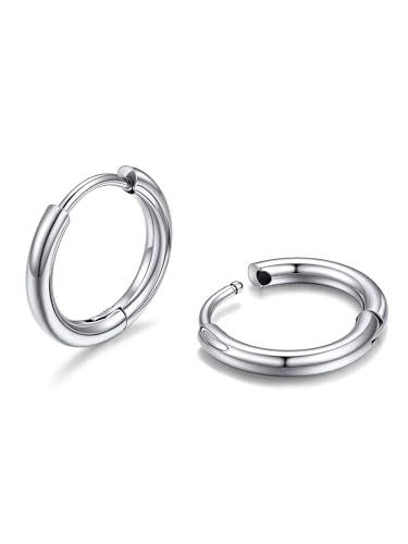 PROSTEEHoop Earrings for Men Women Stainless Steel Silver/Black/14K Gold | Waterproof & Lightweight Sleeper Small Huggie Earring Hypoallergenic Post Cartilage Piercing Jewelry for Mens Dad Gift Box - color: A. Round-Silver, size: 10mm