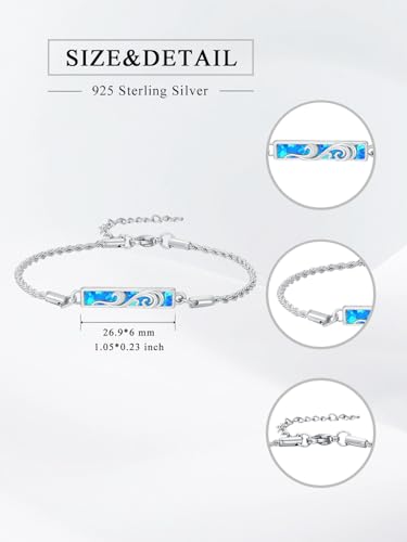 Waves/Tree of Life/Mushrooms/Moon Phase/Butterfly/Hummingbird Bracelet/Anklet 925 Sterling Silver Adjustable Abalone Shell Bar Bracelet/Anklet Summer Jewelry Gifts for Women - color: Waves-Blue Opal, size: Anklet 9"+2"