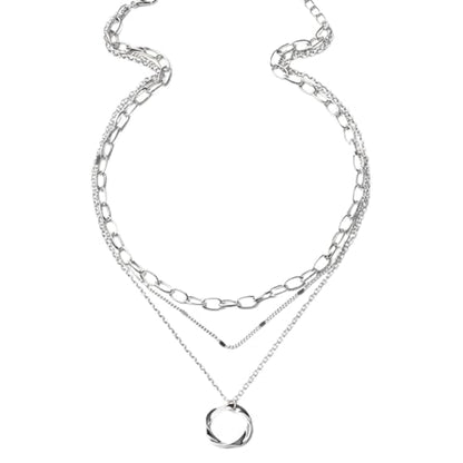 CoguZed Layered Silver Plated Necklaces for Women, Trendy Triple Strand Stackable Choker with Twisted Circle Pendant, Chain Fashion Jewelry Gift