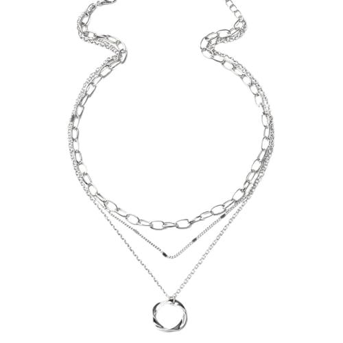 CoguZed Layered Silver Plated Necklaces for Women, Trendy Triple Strand Stackable Choker with Twisted Circle Pendant, Chain Fashion Jewelry Gift
