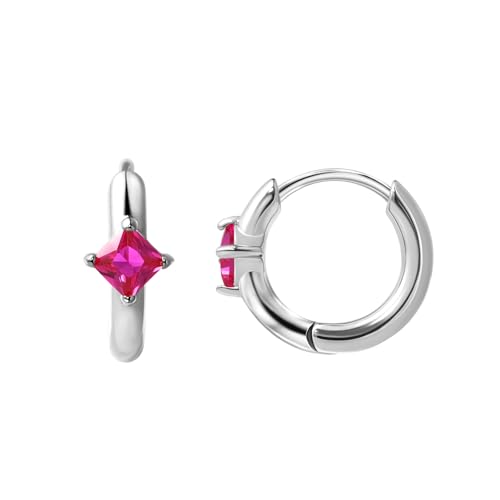 316L Surgical Steel Birthstone Hoop Earrings for Women | Lightweight, 5A Cubic Zirconia, Hypoallergenic, Lead & Nickel Free, 8mm Huggie Hoops - color: Silver: 07. July (Ruby)