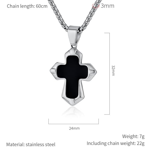 Unisex Stainless Steel Black Onyx Cross Pendant Necklace for Men Women,Titanium Steel Christian Cross Charm Jewelry Chain Necklace for Mens,Religious Jesus Christ Crucifix Cross Necklaces,24inch Chain