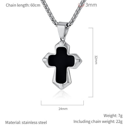 Unisex Stainless Steel Black Onyx Cross Pendant Necklace for Men Women,Titanium Steel Christian Cross Charm Jewelry Chain Necklace for Mens,Religious Jesus Christ Crucifix Cross Necklaces,24inch Chain