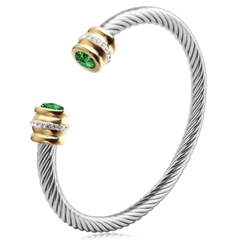 Birthstone Cable Cuff Bracelet for Women - Adjustable Open Cuff, Two-Tone Gold & Silver Twisted Bangle, Classic Stackable Jewelry Gift - color: Emerald