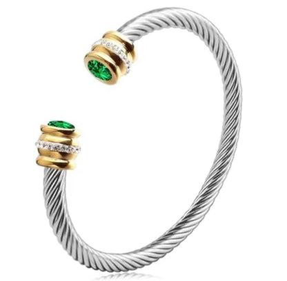 Birthstone Cable Cuff Bracelet for Women - Adjustable Open Cuff, Two-Tone Gold & Silver Twisted Bangle, Classic Stackable Jewelry Gift - color: Emerald