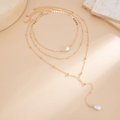 Gold Layered Necklace for Women Chunky Stacked Chain Link Paperclip Evil Eye Necklace Trendy Punk Jewelry - color: V-Pearl