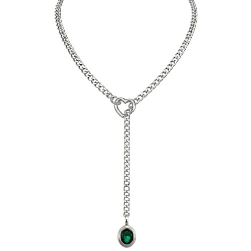 Heart Slip Chain Necklace for Women, Cuban Chain with Removable Heart O-Ring and Crystal Pendant, Adjustable Y Lariat Necklace - color: Silver-Green-27