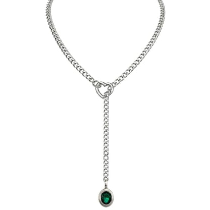 Heart Slip Chain Necklace for Women, Cuban Chain with Removable Heart O-Ring and Crystal Pendant, Adjustable Y Lariat Necklace - color: Silver-Green-27
