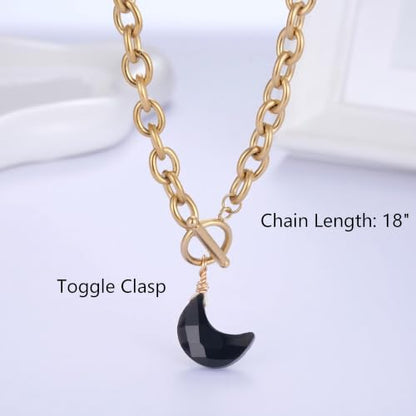 Kvekstio Black Obsidian Moon Necklace - Natural Crystal Crescent Pendant & Gold Toggle Clasp for Women, Gothic Celestial Energy Stone Necklace, Spiritual Protection Healing Jewelry for Her