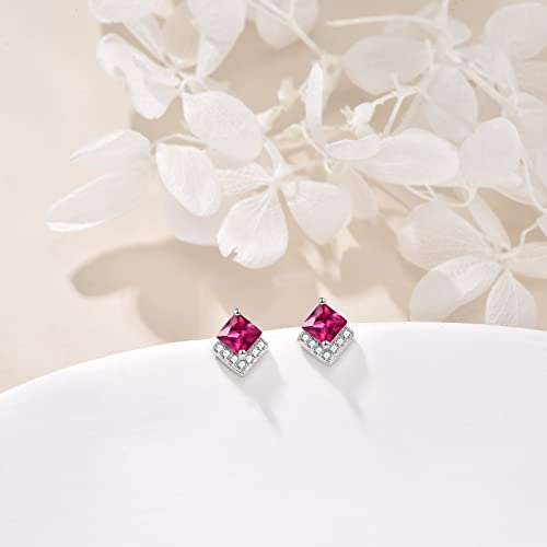 Birthstone Stud Earrings Sterling Silver Square Created Crystal Earrings Cubic Zirconia Hypoallergenic Piercing Jewelry Small Gifts for Women Mothers - color: Jul-Ruby