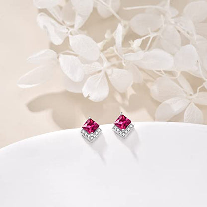 Birthstone Stud Earrings Sterling Silver Square Created Crystal Earrings Cubic Zirconia Hypoallergenic Piercing Jewelry Small Gifts for Women Mothers - color: Jul-Ruby