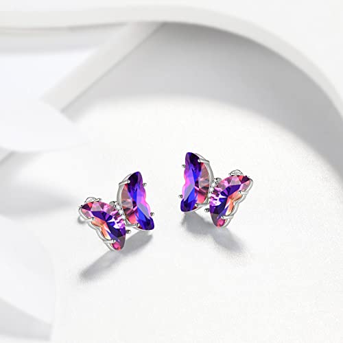 Aurora Tears Butterfly Necklace Earrings Ring Bracelet - Women 925 Sterling Silver Animal Butterflies Birthstone Pendant Crystal Wedding Birthday Jewelry - color: earrings-February-Amethyst