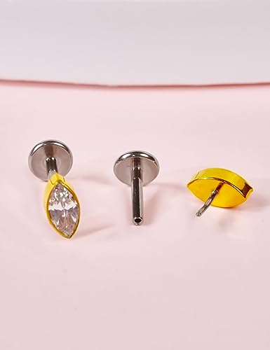 limerencia G23 Hypoallergenic 18g Flat Back Stud Earrings | F136 Implant Grade Titanium Pressfit Threadless Push Pop in Cartilage Helix Labret Lip Monroe Tragus Flat Back Piercing Studs - color: Marquise Gold