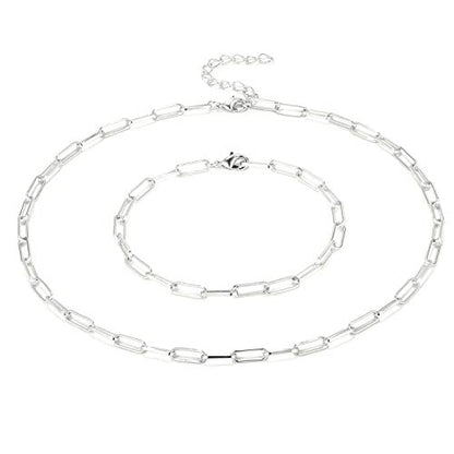 14K Gold Plated Dainty Paperclip Link Chain Necklace Bracelet Set for Women - style: 16" Silver Necklace + 7" Bracelet