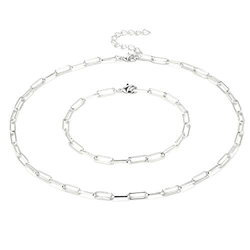 14K Gold Plated Dainty Paperclip Link Chain Necklace Bracelet Set for Women - style: 16" Silver Necklace + 7" Bracelet