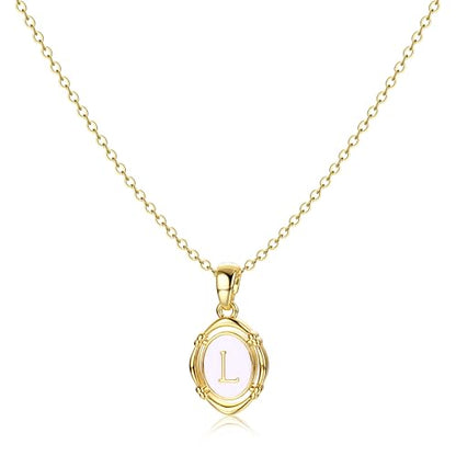 14K Gold Plated Initial Necklaces for Women, Letter Charm Pendant Necklace | Dainty Oval White Enamel Personalized Name Necklace, Trendy Jewelry with 16 inches Chain and 2 inches Extender - color: L