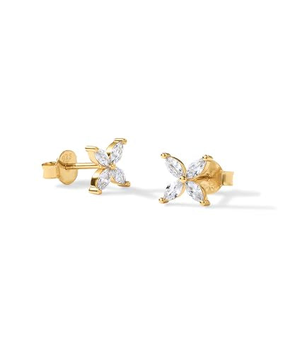 PAVOI 14K Gold Plated Dainty Stud Earrings for Women, CZ Earring Piercing | Hypoallergenic Earrings with 925 Sterling Silver Posts, Bolt, Moon, Star & Flower Celestial Studs with Cubic Zirconia - style: Flower