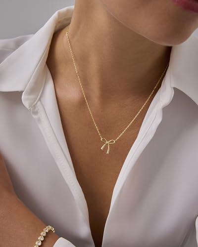 PAVOI 14K Gold Plated Dainty Cubic Zirconia Pendant Necklace for Women | Dot, Elephant, Butterfly, Pineapple, Lock, Knot, Palm Tree, Bow, Smiley Pendant | Layering Chain Necklaces - style: Bow