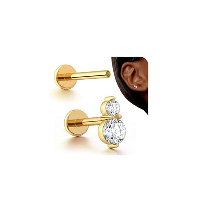 G23 Titanium 16G Tragus Conch Piercing Jewelry Flat Back Stud Earrings | Hypoallergenic CZ Nose Dangle Helix Medusa Lip Labret Body Piercing Jewelry, 14K Gold Plated, Silver, 6 and 8 mm Post Length - color: Deux-14K Gold