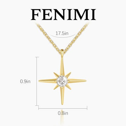 FENIMI Gold Necklace for Women 14K Gold Pendant Necklaces for Women North Star Necklace Pendant with Cubic Zirconia Gentle and Beautifully Bright Dainty Chunky Star Jewelry for Womens
