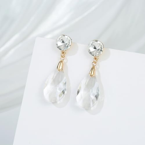 Round and Teardrop Crystal Stud Dangle Earrings Hypoallergenic Gold Plated Birthstone Drop Earrings Trendy Evening Prom Pageant Jewelry Gift for Women - color: clear