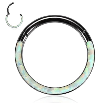 Opal Septum Jewelry Surgical Steel Septum Ring Daith Rook Tragus Earring | Hinged Segment Nose Hoop Ring,Hypoallergenic Septum Piercings for Women,Conch Cartilage Helix Jewelry,Diameter 6mm to 10mm - color: Black,White Opal, size: 16G 10mm